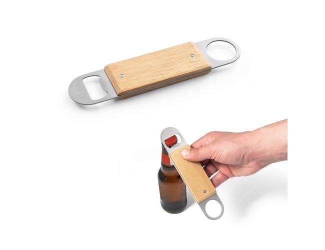 Abridor de garrafas duplo em aço inox com corpo em bambu